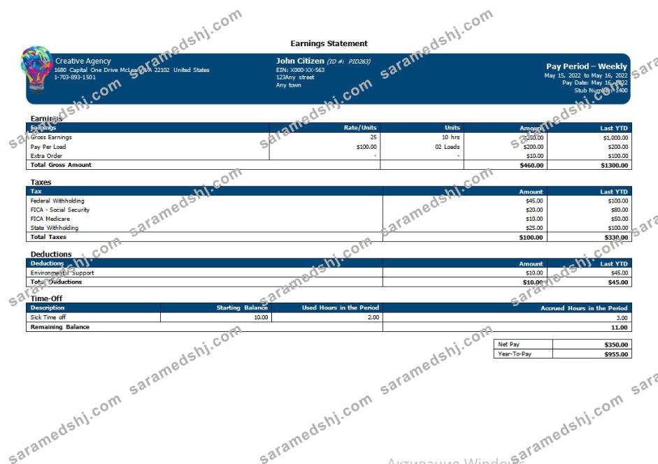 Creative company earning statement in Word and PDF formats